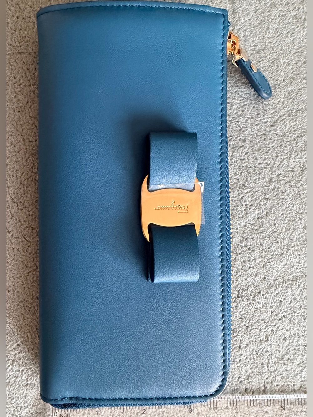 Salvatore Ferragamo Teal Blue Bow Logo Leather Continental Wallet NWT